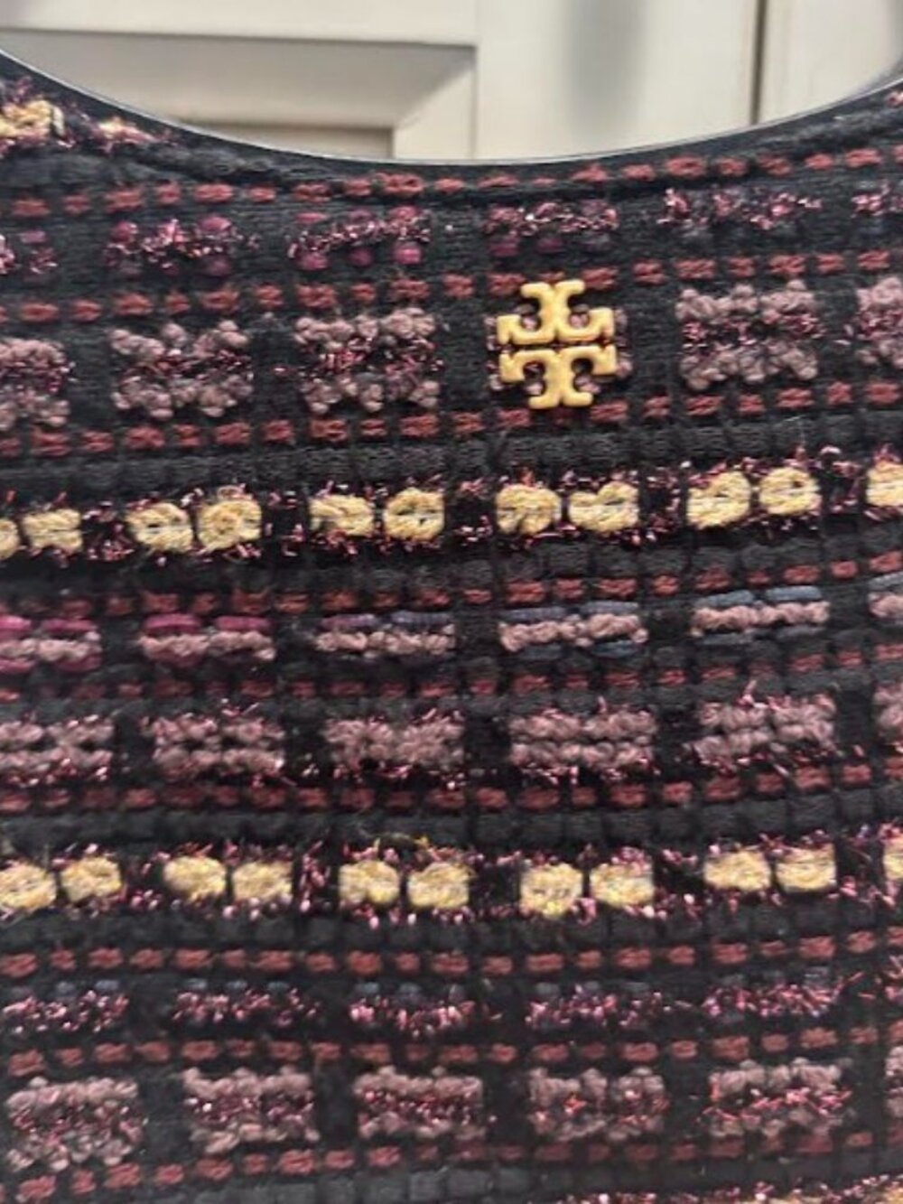 Tory Burch Tweed-Pattern Shoulder Bag – Black, Burgundy & Gold - Picture 7 of 8